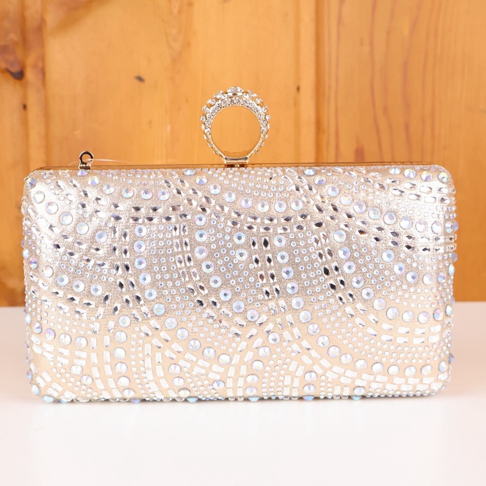 Lauren Lorraine Cleo Embellished Rhinestone Crystal Gold Evening Clutch Purse